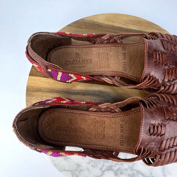 RARAMURI Mexican Beaded Hand Made Leather Woven Cognac Huarache Sandals Size 10 - Picture 5 of 10